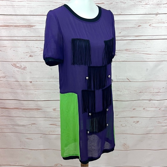 NWT Asos x Louise Gray London UK Sheer Colorblock Mod Fringe Silk Shift Dress - Picture 12 of 16